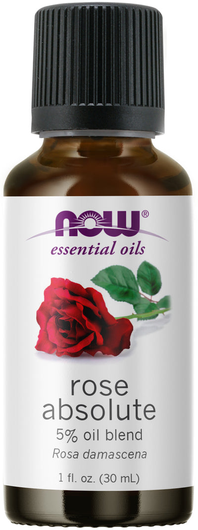 NOW Essential Oils, Rose Absolute, 5% Blend of Pure Rose Absolute Oil in Pure Jojoba Oil, Romantic Aromatherapy Scent, Vegan, Child Resistant Cap, 1-Ounce
