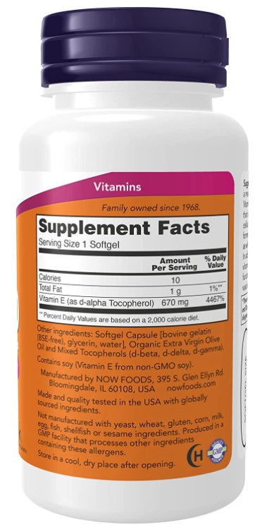 Natural E-1000 with Mixed Tocopherols, 670 mg (1,000 IU), 50 Softgels, by NOW