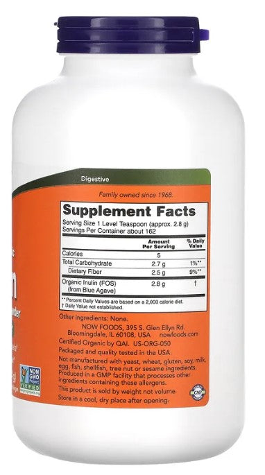 Organic Inulin Prebiotic Pure Powder 1 lb (454 g), by NOW
