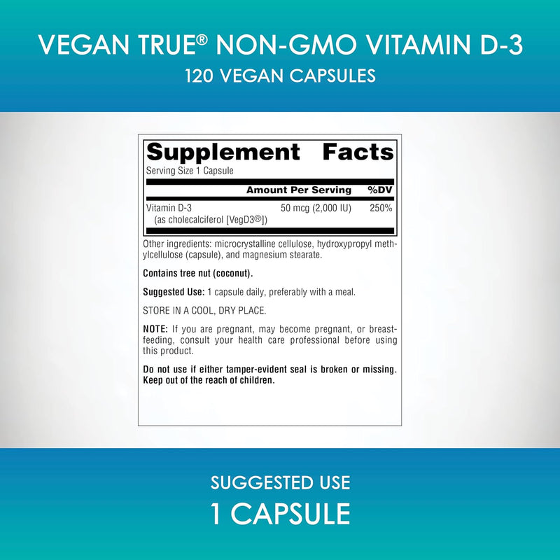 Non-GMO Vitamin D-3, 50 mcg (2,000 IU) 120 Vegan Capsules by Source Naturals