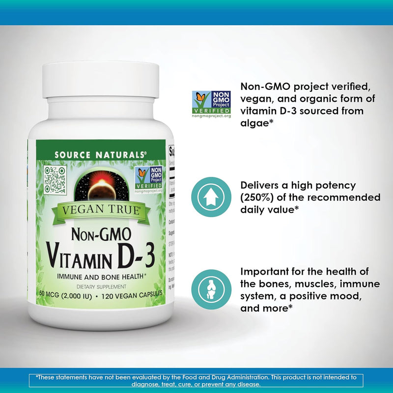 Non-GMO Vitamin D-3, 50 mcg (2,000 IU) 120 Vegan Capsules by Source Naturals