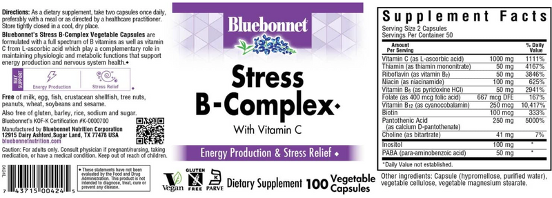 Stress B-Complex with Vitamin C, 100 Vegetable Capsules, by Bluebonnet