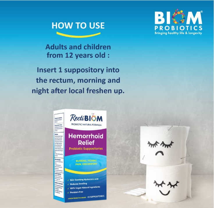 Probiotic Hemorrhoidal Relief Suppositories - 15 Suppositories, by Biom Probiotics