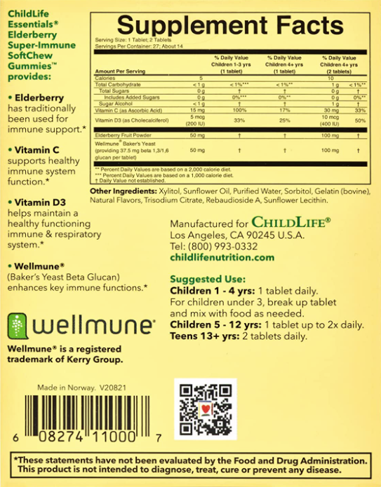 Elderberry Super-Immune Natural Berry Flavor 27 Tablet SoftChew Gummies, by ChildLife Essentials