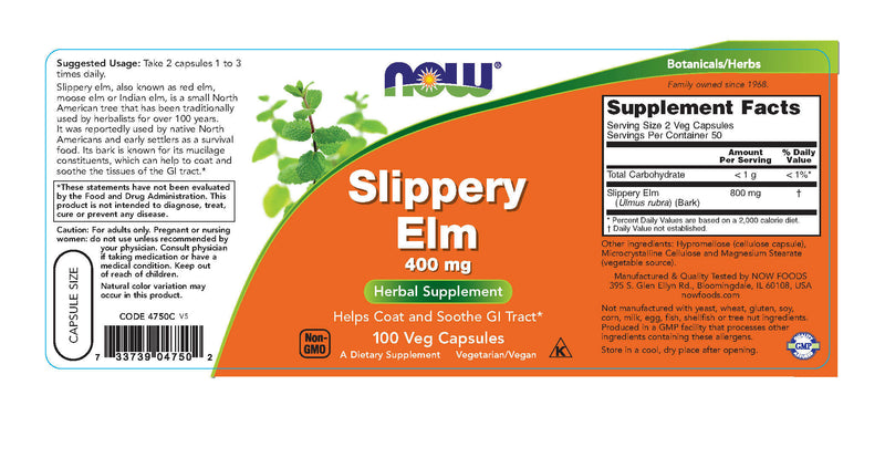 Slippery Elm 400 mg 100 Capsules | By Now Foods - Best Price